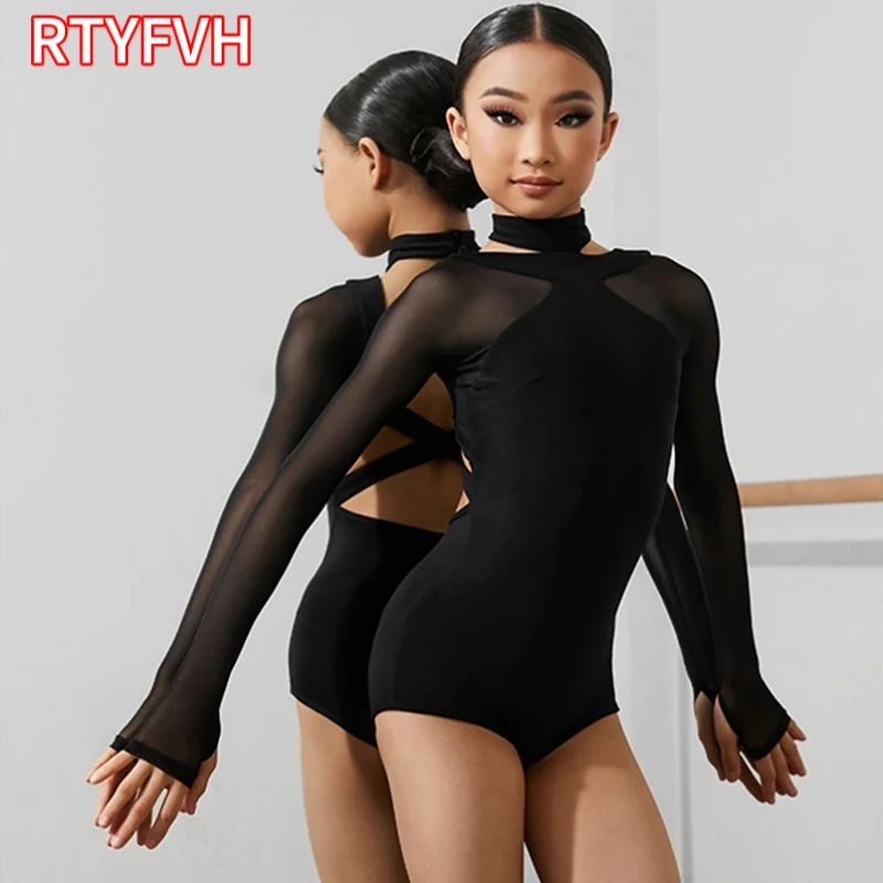 

Kids Latin Dance Clothing Girls Long Sleeves Leotard Black Latin Tops Ballroom Dance Performance Wear Cha Cha Bodysuit DNV17196