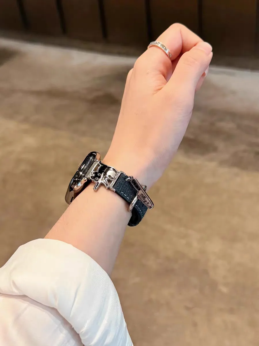 حزام جلدي نحيف من قماش الدنيم لساعة أبل 38/42 40/44 41/45 مللي متر 49Ultra Cat مع سوار سكين لساعة IWatch S10 42/46 مللي متر 9876SE