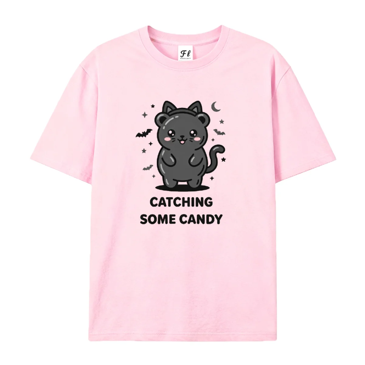 Cute Cartoon Black Cat Graphic T‑Shirt Women Halloween Short Sleeve Tee Catching Some Candy Slogan Top Casual Fall Season Shirts