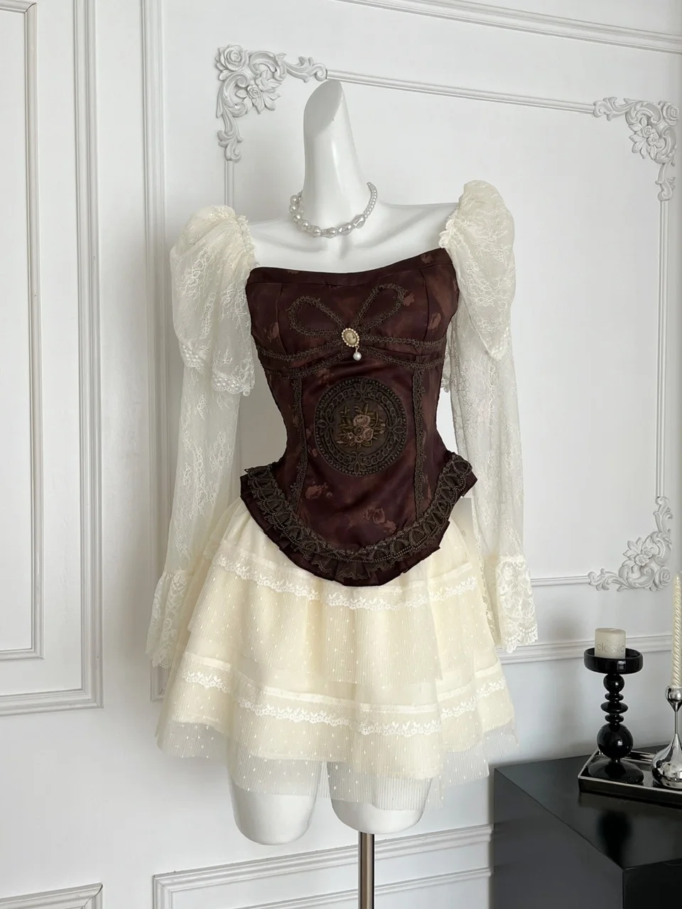 

Ретро Court Sle Lace Bubble Sve Waist Cinched irt Женская юбка с высокой талией Me f Осенний комплект Модный костюм из двух предметов