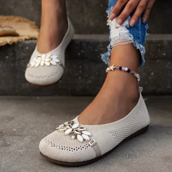 Women's Summer Flat Shoes Spring Knitted Fabric Hollow-out Loafers Round Toe Shallow Cut Casual Women's Barefoot Shoes Plus Size