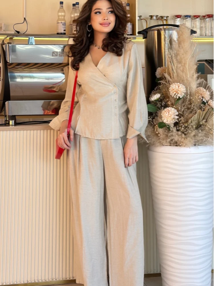 

Elegant Solid Pants Set Women Casual V Neck Full Sleeve Slim Shirt High Waist Long Trousers Spring Summer Lady Suit Commuting