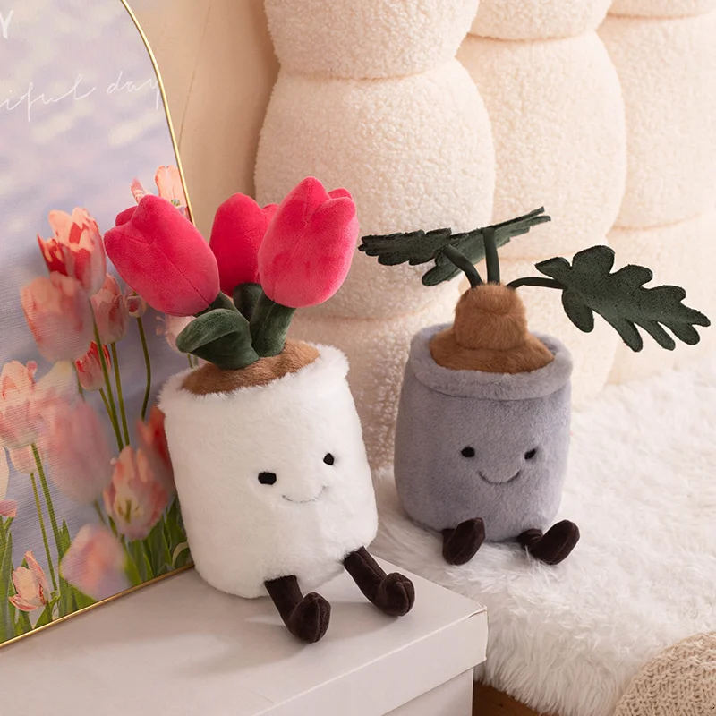 Creativo Tulipano Fiori Pianta in vaso Peluche Farcito Verde Monstera Deliciosa Foglia di verdure Taro Prain Peluche Bambola Decorazioni per la casa