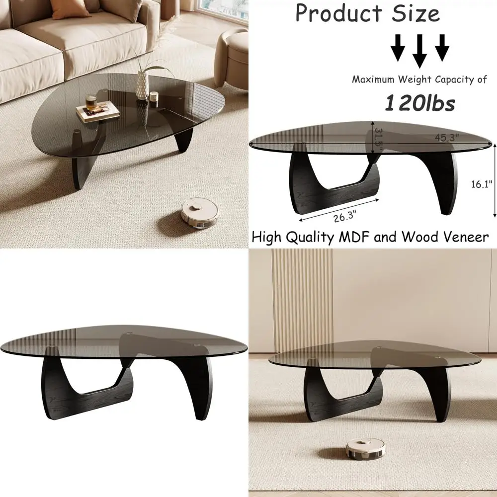 Modern Triangle Glass Coffee Table, 42.5 x 28.5 x 16.1, Black for Living Room