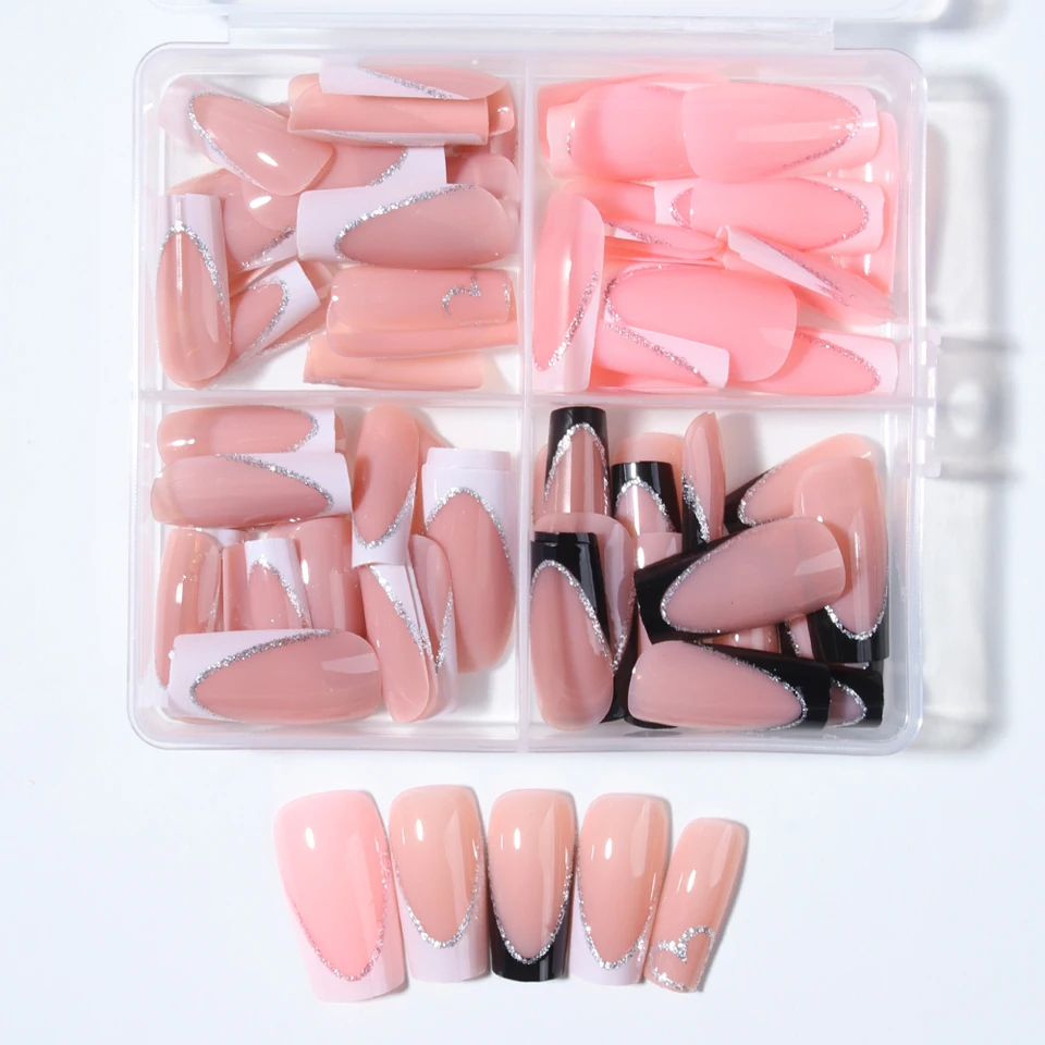 96 piezas (4 mezclas) de uñas postizas largas en forma de corazón, con brillantina, punta francesa blanca, estilo chic minimalista, reutilizables 3