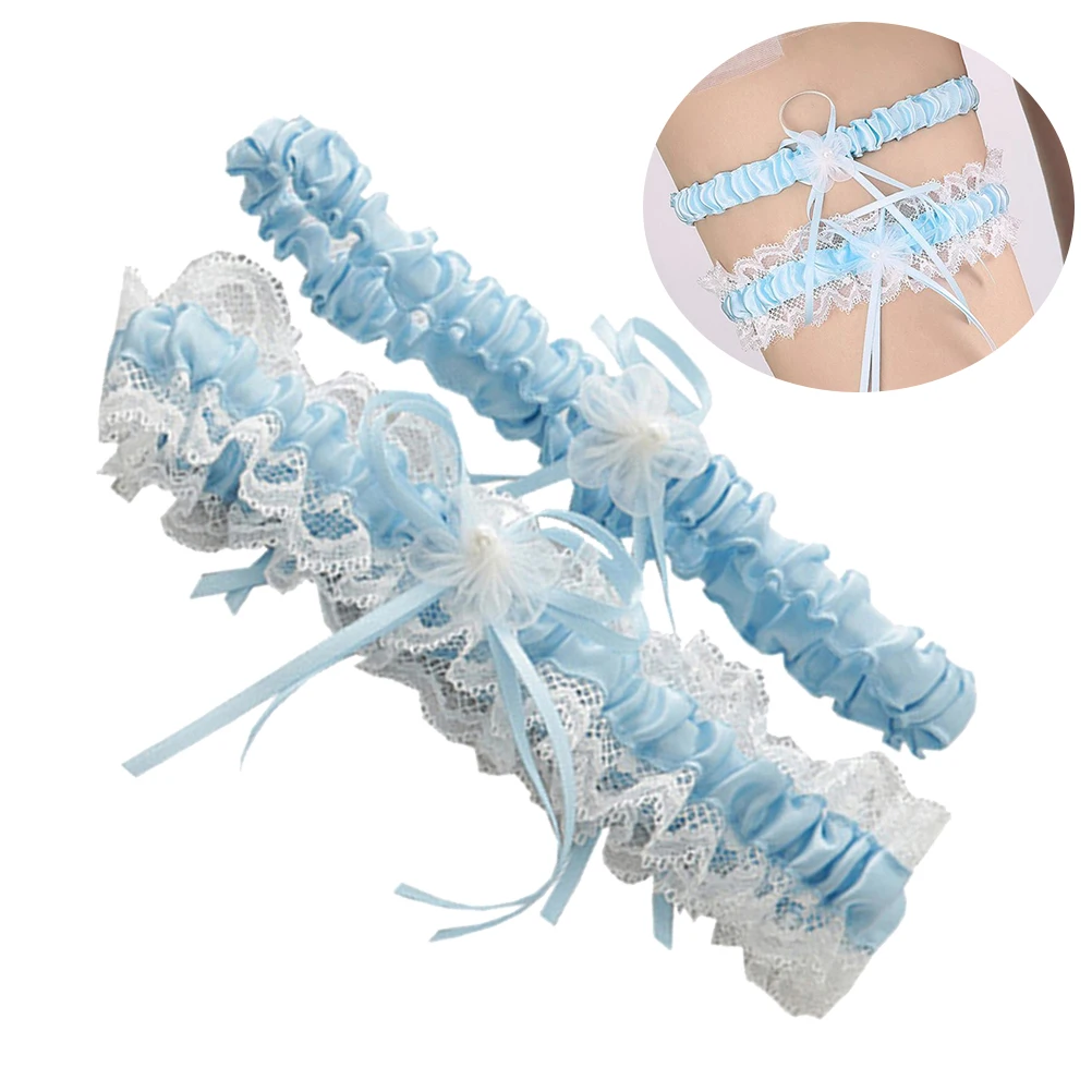 

Bridal Wedding Garter Blue Lace Ribbon Flower Decorative Garters for Bride Bridesmaid Prom Party Accessories Bridal