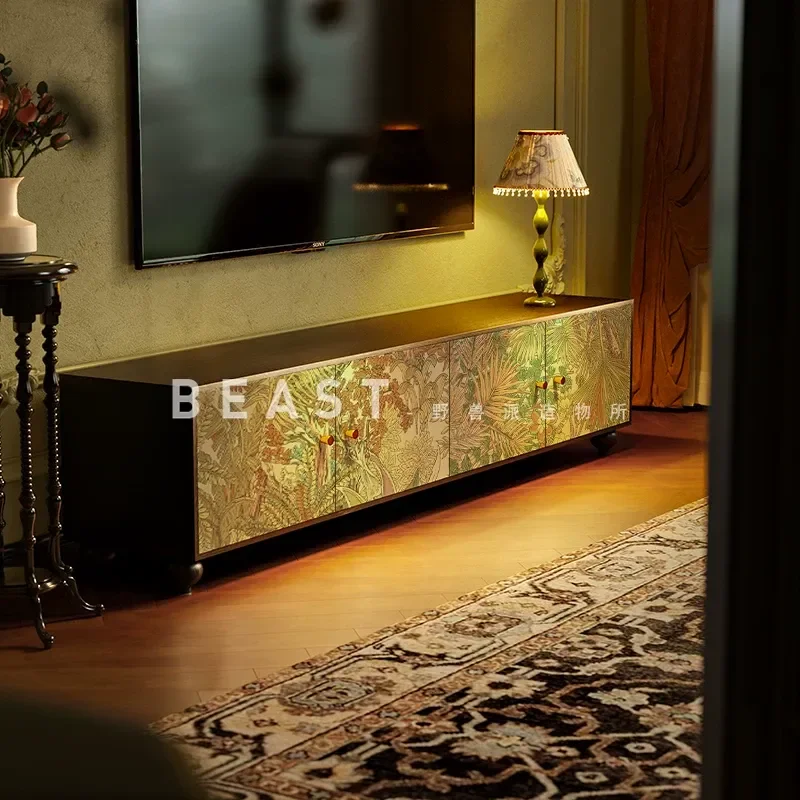 Medieval Flower TV Cabinet Solid Wood Storage Console for Living Room Entrance Decorative Vertical Cabinet