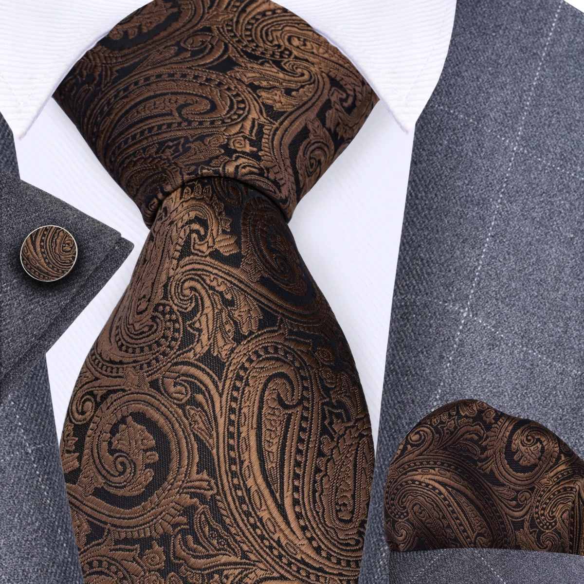 GUSLESON 8cm Blue Black Pink Men Ties Pocket Square Cufflinks Set Paisley Silk Necktie Wedding Business Gift Tie Accessories