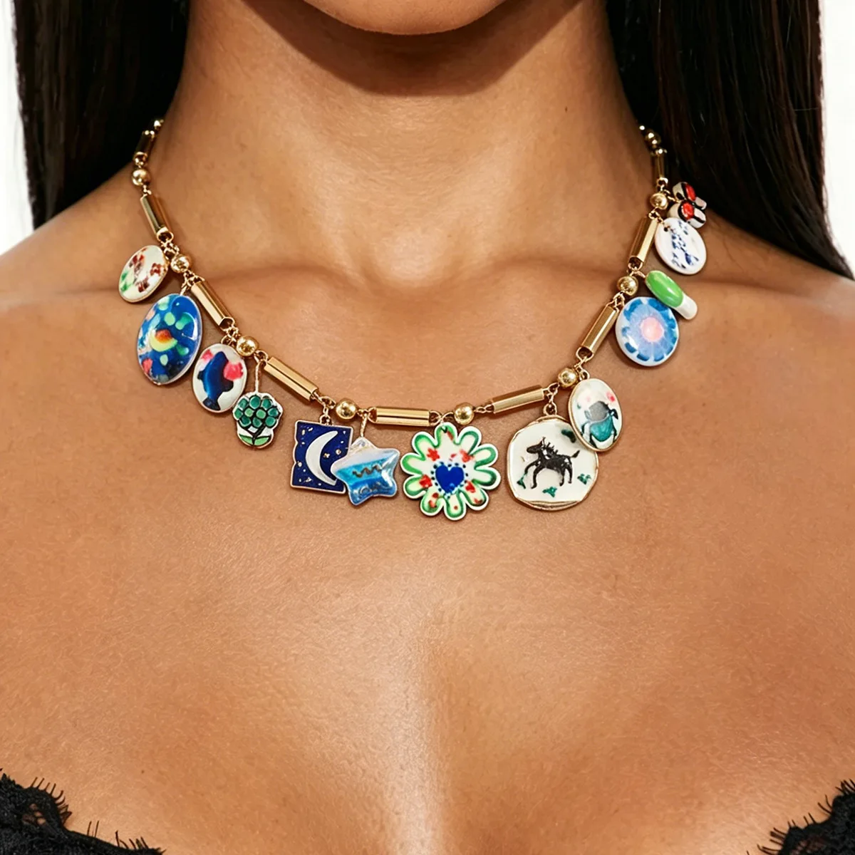 Colorful Glazed Cartoon Charm Choker Vintage Gold Bar Jointed Chunky Statement Collar Cute Abstract Doodle Aesthetic Necklace