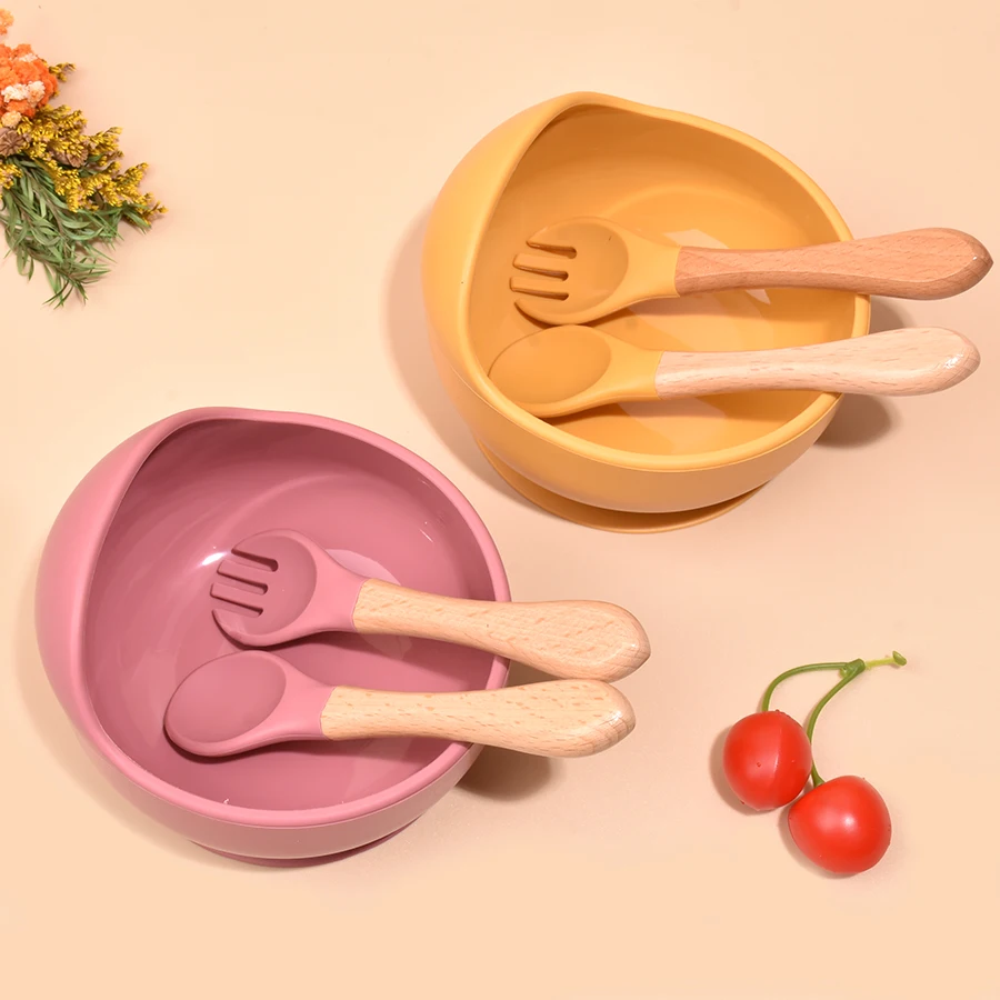 

3pcs Baby Silicone Bowl Suction Cup Bowl Children's Tableware Set Sucker Bowl Wood spoon Straw For Kids Feeding Dinner Plate Set