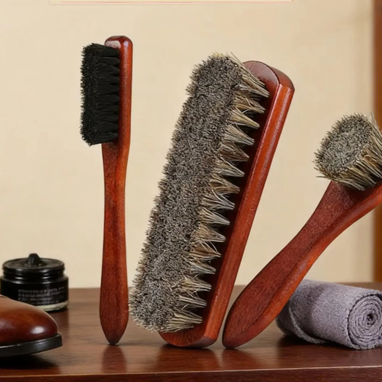 3PCS Horsehair Cleaning Brush Kit Shoe Polishing Applicator For Leather Suede Boots Car Interior Detail Care