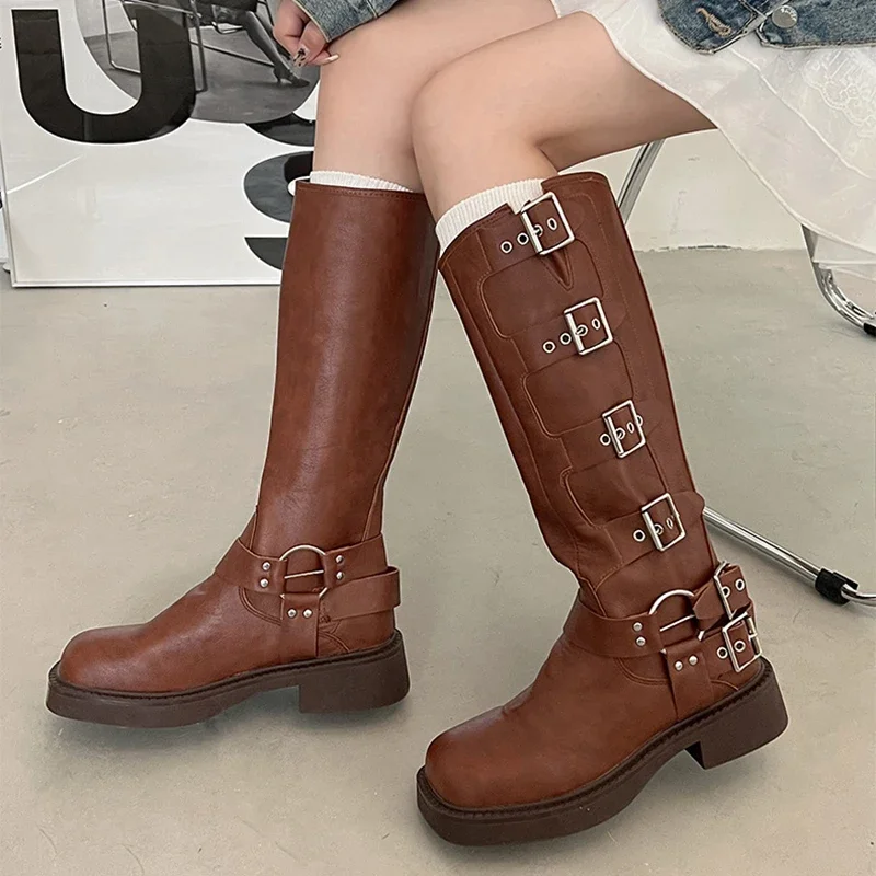 Woman Boots Knee High Platform Elegant Low Heel Trend Punk Gothic New Pu Leather Fashion Women's Shoes Motorcycle Botas Footwear image 6