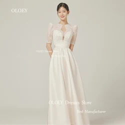 OLOEY Elegant Korea Wedding Dresses Ivory Satin Lace Short Sleeves Photo Shoot Bridal Gown Custom Ankle Length Customized
