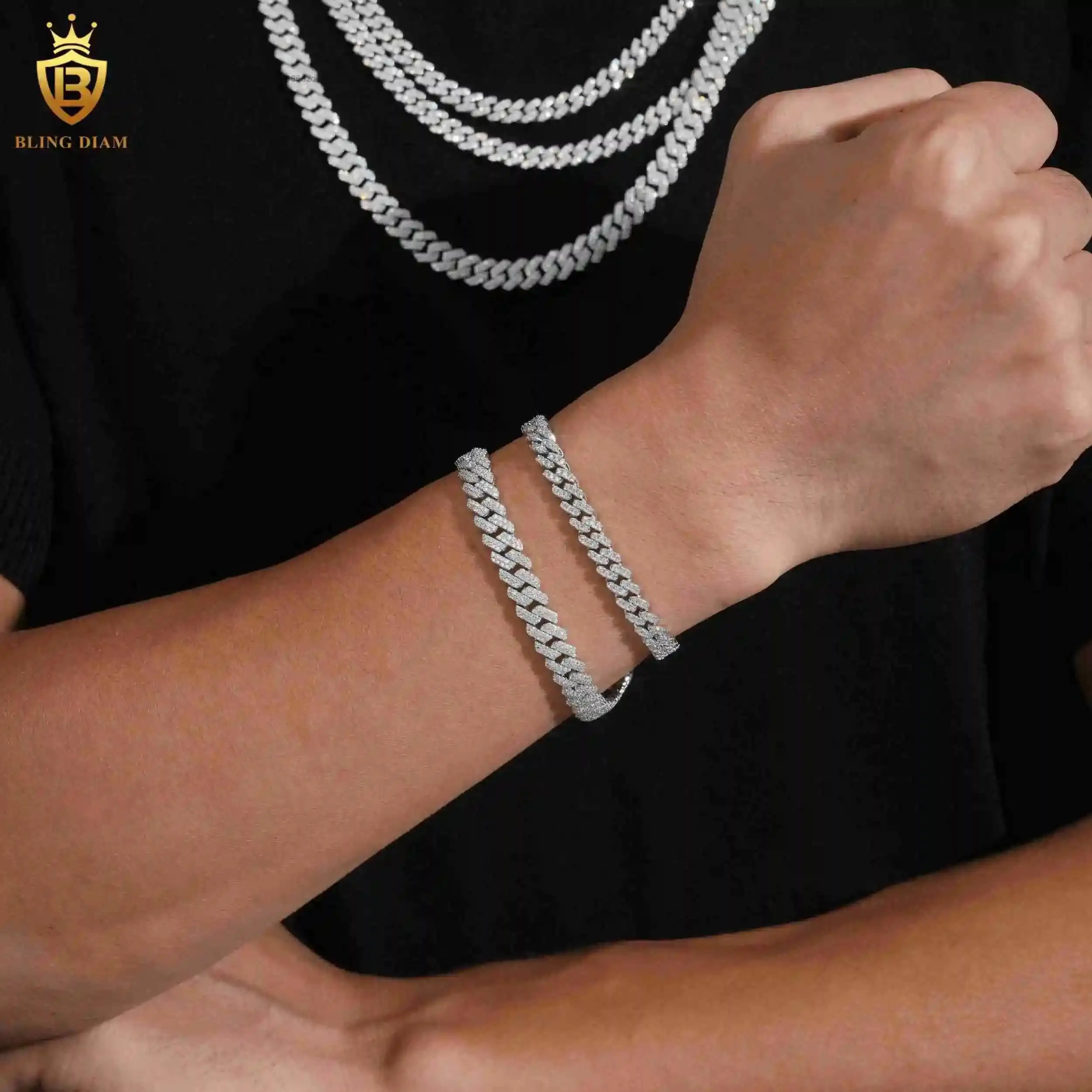Fashion 8mm 10mm Miami 925 Silver Moissanite Diamonds Cuban Chain Iced Out Moissanite Cuban Link Pass Diamond Test Vvs Moissanit