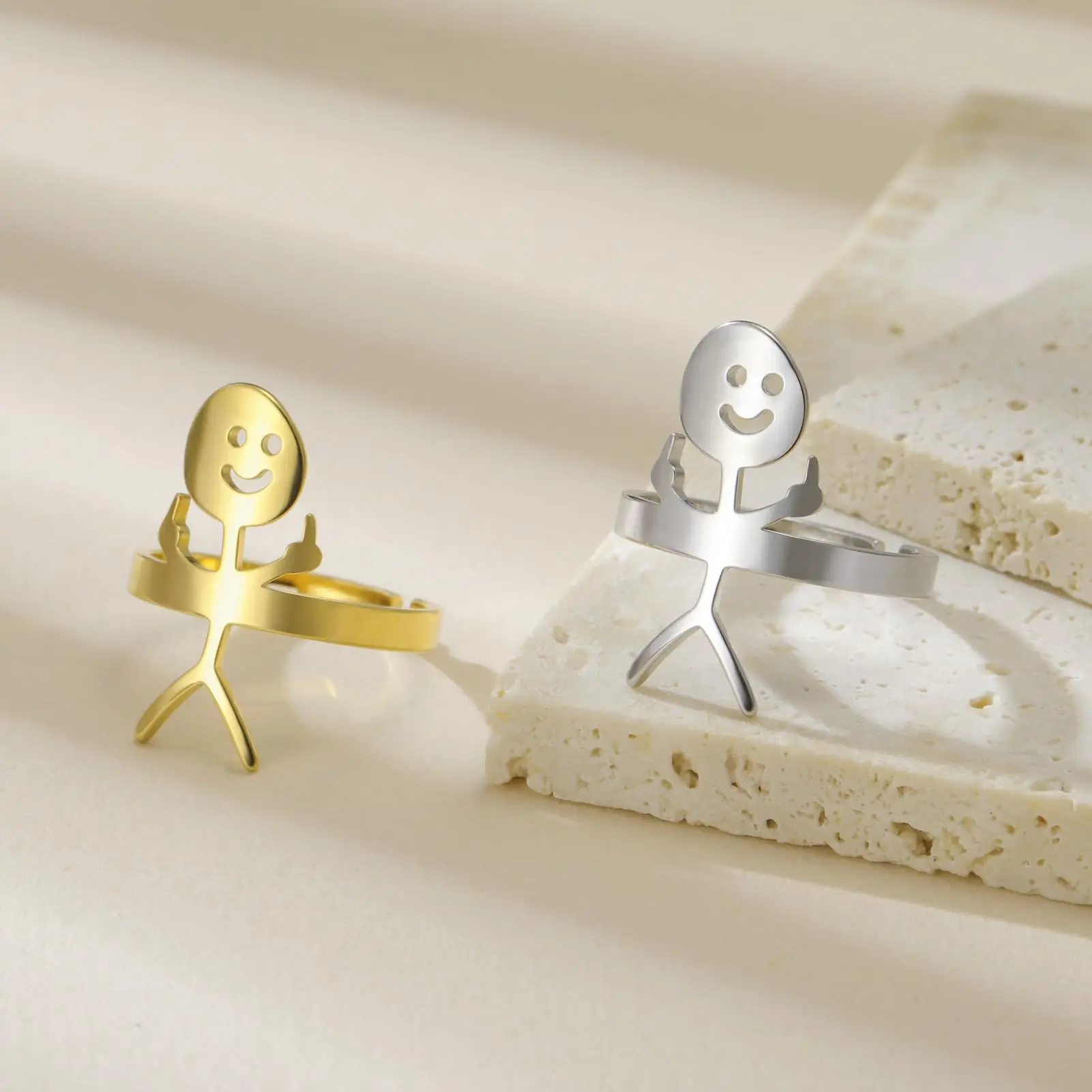 Dreamtimes, estatuilla de cara sonriente, anillos de lenguaje de letreros para mujeres y hombres, anillo de pareja Stickman de dedo de acero inoxidable con apertura ajustable