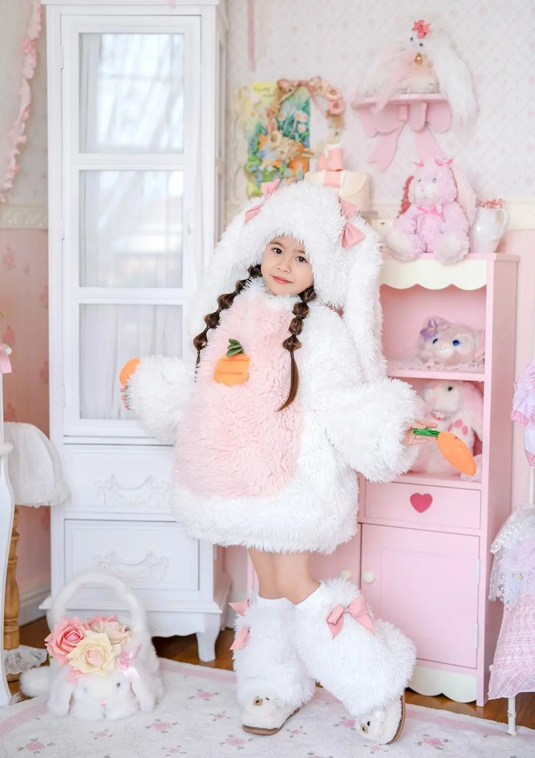 Cartoon Kinder Plüsch-Kaninchen Cosplay Kostüm Kawaii Mädchen Winter Warme Sets Top Hose Mütze Anzug 1-10 Jahre Mädchen Party Outfits Geschenk – Detail 2