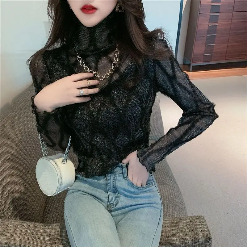 Spring Autumn Elegant Lace Hollow Out Design Slim Bottoming Shirt New Mesh Half High Neck Fit Sexy Tops Curled Edge Pullovers