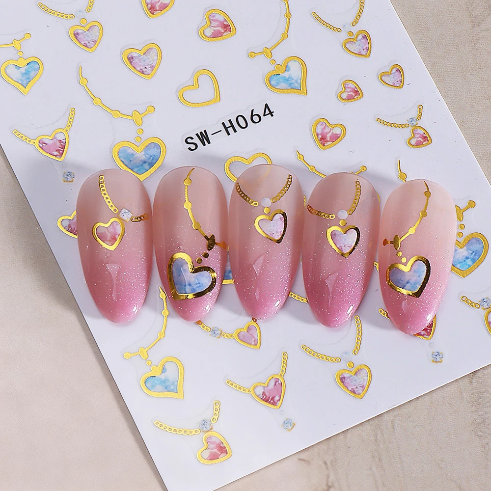 3D Bronzing Gold Necklace Valentine's Day Nail Stickers Pink Blue Llove Heart Nail Decals 6.5*9cm Self-Adhesive Nail Art Decora