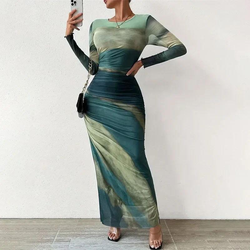 Vestido con corsé de malla verde Tie Dye, vestidos elegantes de otoño para mujer, vestido ceñido de manga larga con estampado Maxi fruncido a través del vestido femenino