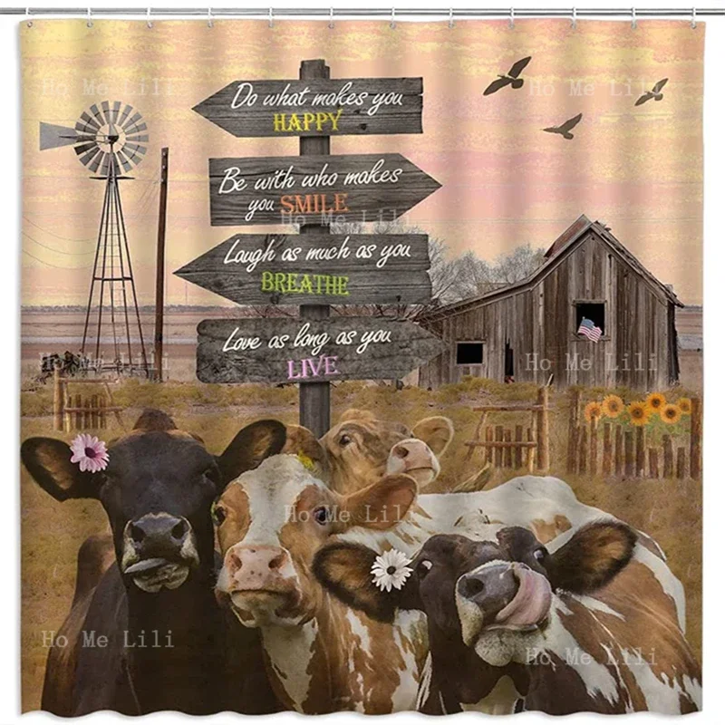 Funny Cow Farm Animal Rustic Wood Western With Daisy Flowers Pinwheel Country Inspirational Quotes Shower Curtains