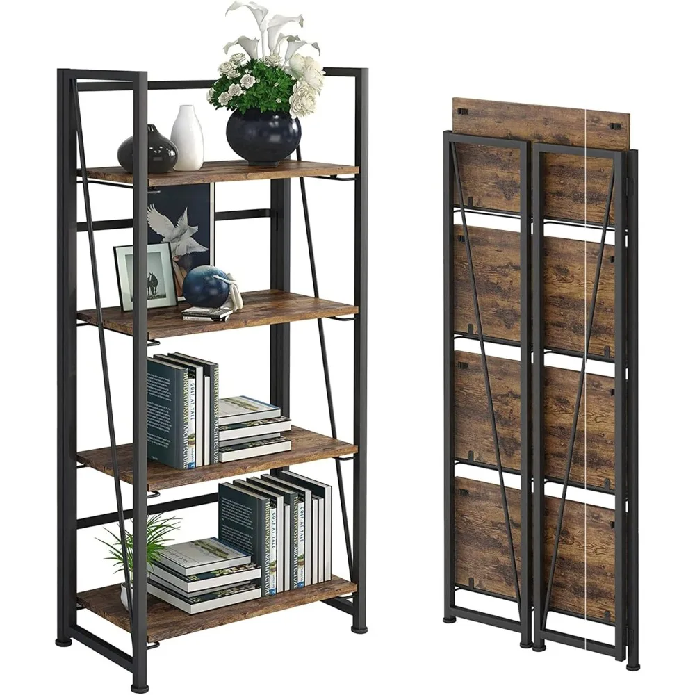 

No-Assembly Folding Bookshelf Storage Shelves 4 Tiers Vintage Multifunctional Plant Flower Stand Storage Rack Shelves Bookcase