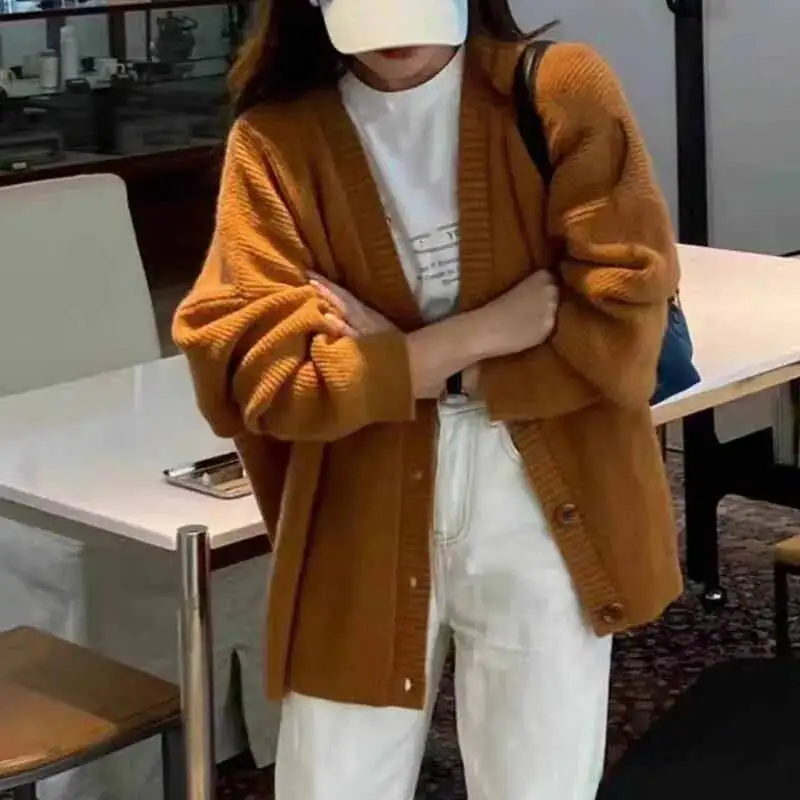 

All Match Loose Knit Cardigan Women Autumn Winter Long Sleeve V Neck Knitted Sweater Coats Female Solid Color Casual Knitwear