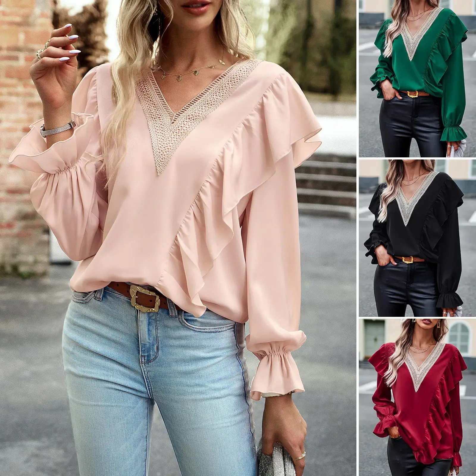 

Women's Shirts Fashion Autumn New Style Temperament Commuter Style V-neck Long Sleeve Ruffle Sleeve Applique Casual Elegance