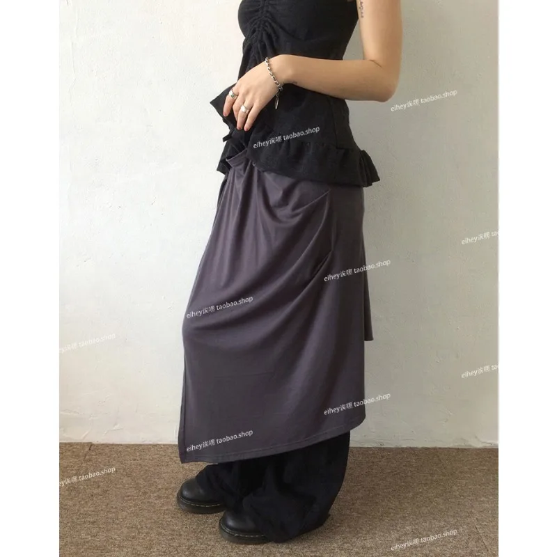 Y2K الكورية مطوي بلون كل مباراة منتصف طول تنورة المرأة 2025 الخريف عالية الخصر فضفاضة غير رسمية غير النظامية تنورة #2