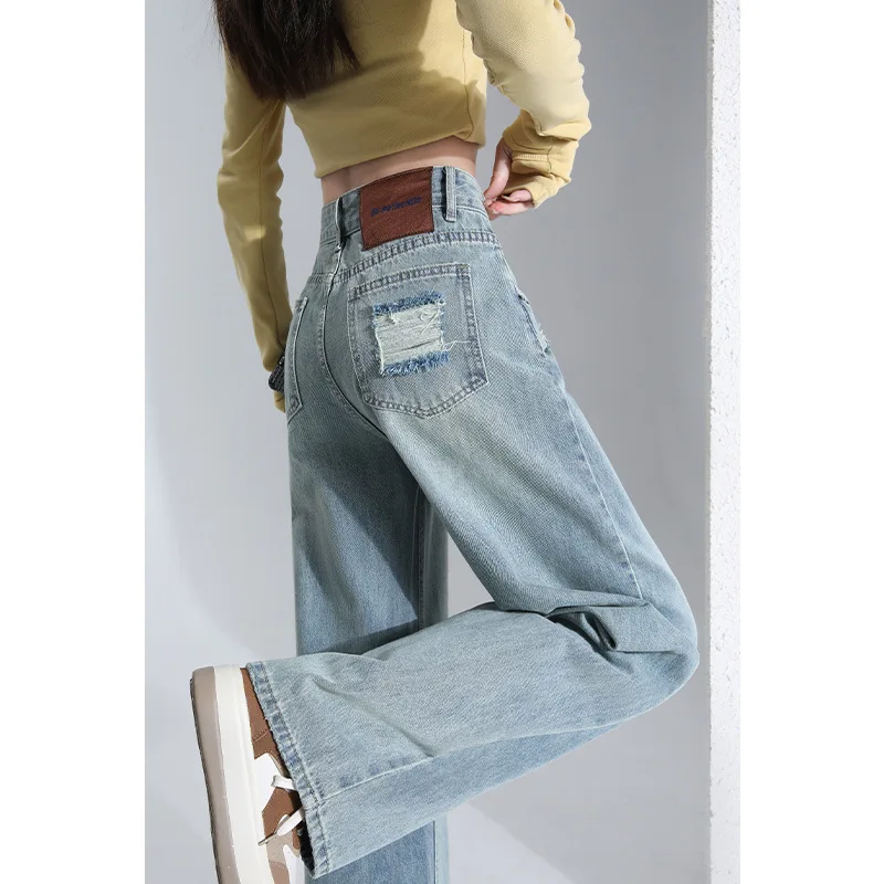 Light Wash High Waist Loose Women's Jeans Straight Leg Wide Leg Pants Autumn Winter Cotton Blend Versatile Style Water Washed