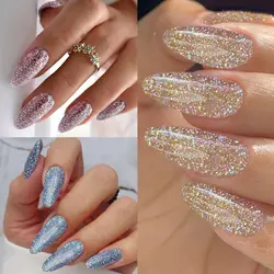 24pcs Long Almond False Nails Glitter Powder Design Fake Nail Press on Nail Tips DIY Full Cover Detachable Nail Art