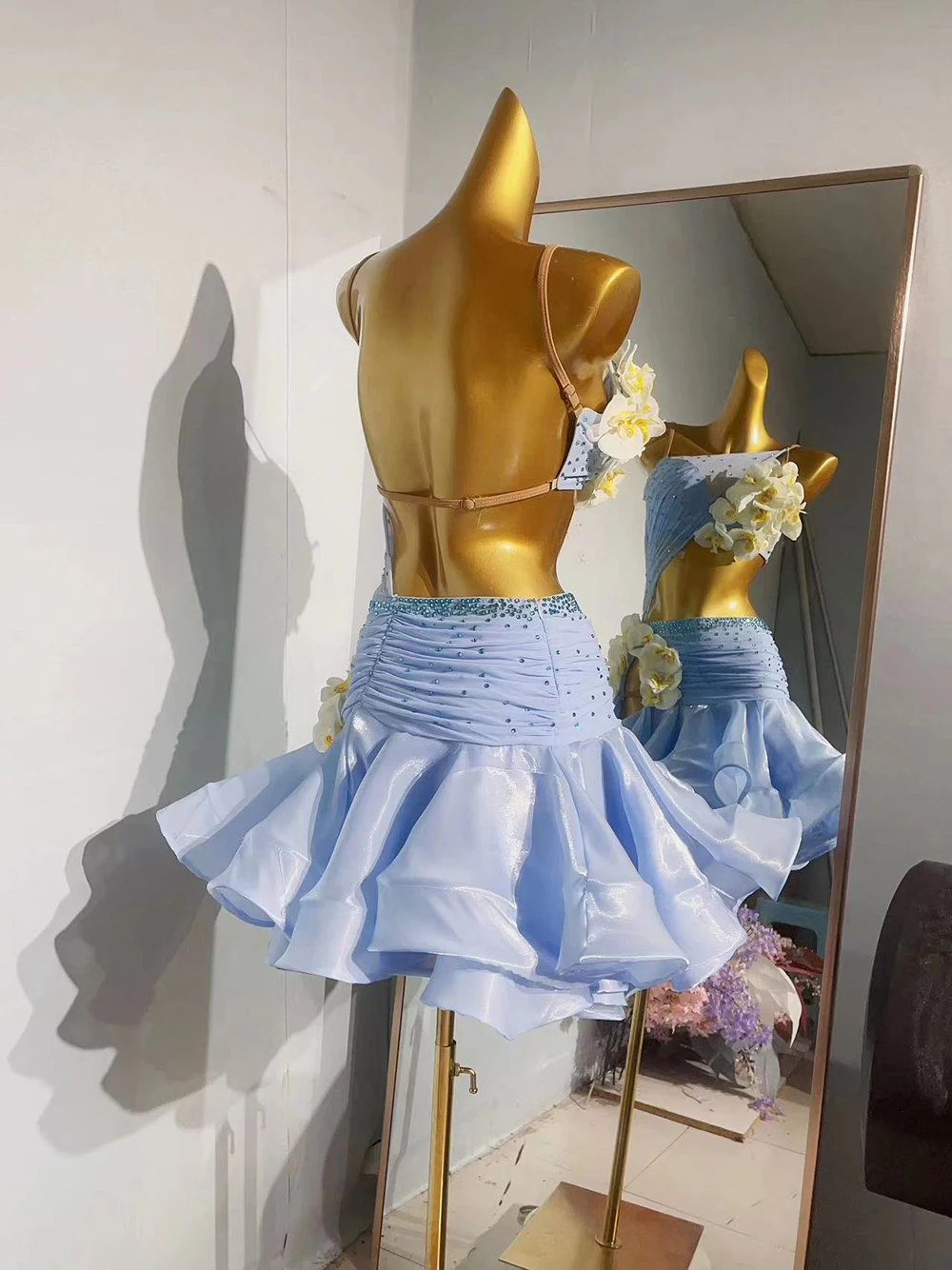 라틴 댄스 성인 및 아동 드레스 AB 스톤 하이 엔드 맞춤형 흰색 꽃 드레스 탱고 여성 전문 드레스