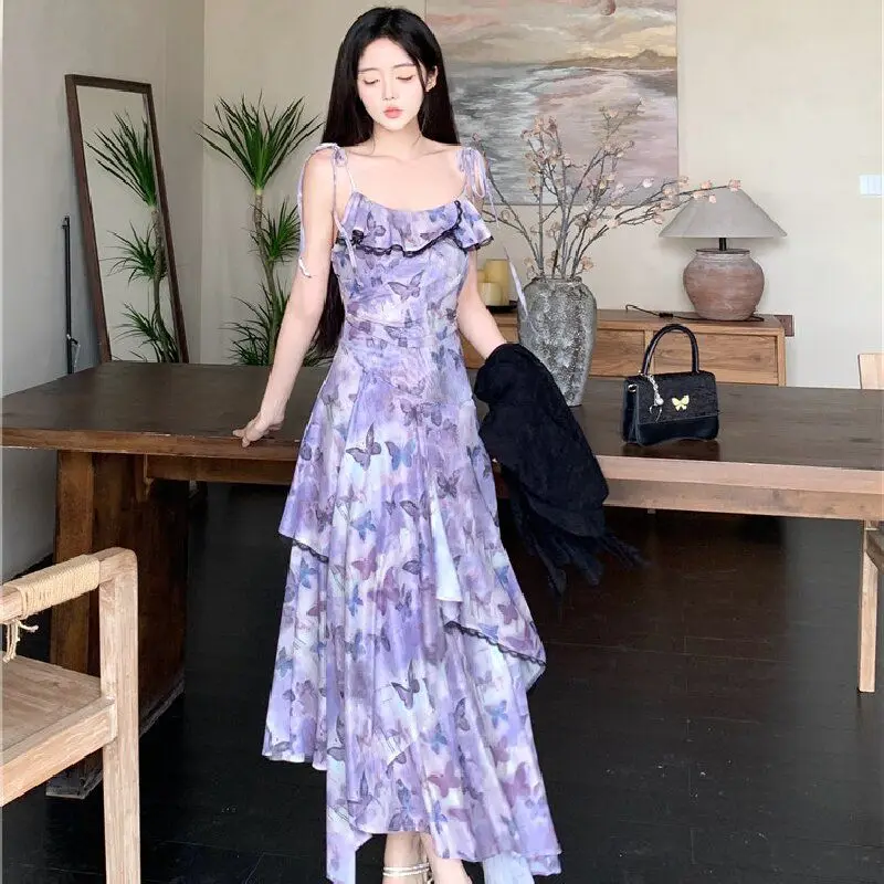 2025 الصيف 2 قطعة مثير السباغيتي حزام الحرير الساتان طباعة فستان للنساء الكورية سليم صالح والتخسيس مزاجه فستان أنيق #5