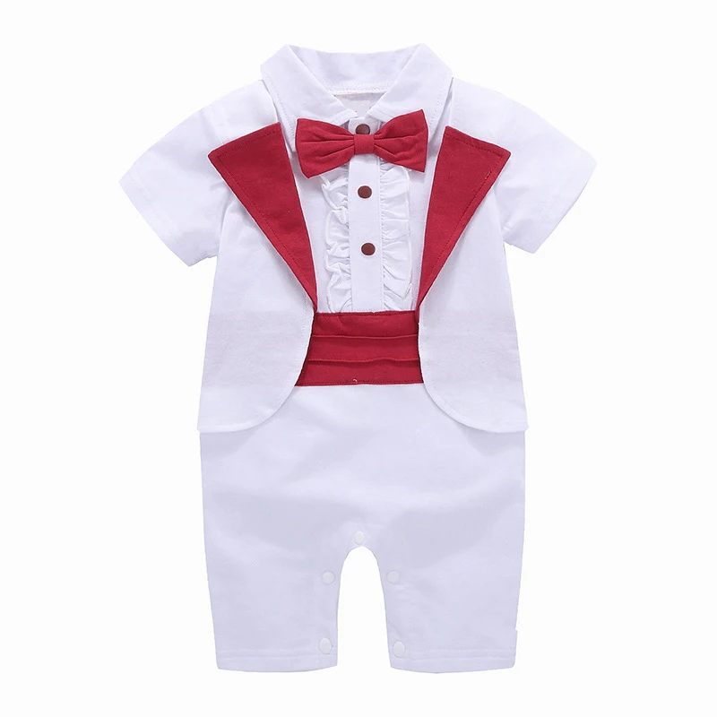 

Baby Rompers for Newborn Summer Clothes Boy Short Sleeve Christening Outfit Suit Children Formal One-pieces Tuxedo Cotton White