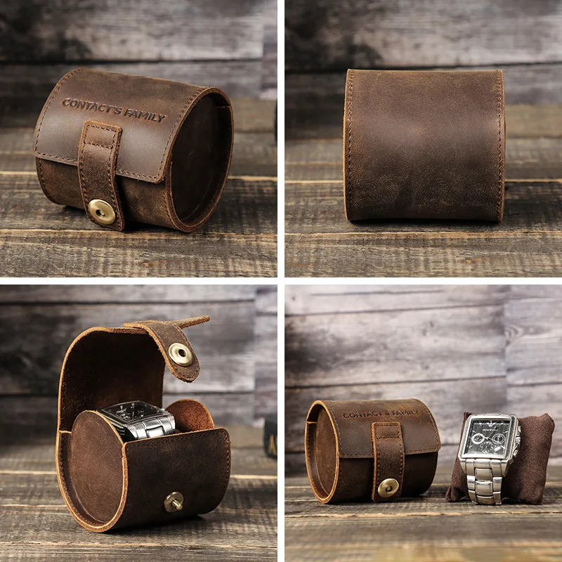 Retro Wild Horse Leather Watch Case - Only Contains Round Creative Watch Storage Box Brand Contacts Family