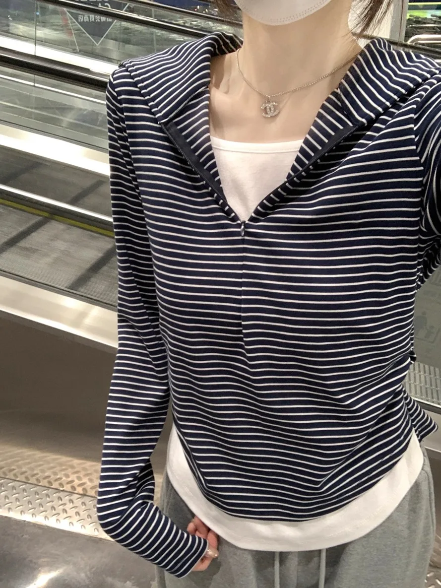 

Женская толстовка на молнии с утягивающим поясом, в полоску, цветной, демисезонная, в корейском стиле, дышащая, длинная...