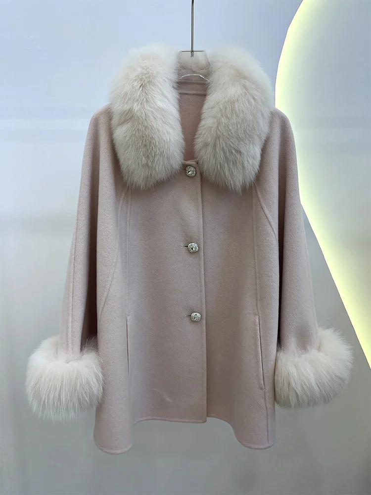 2025 Winter Natürliche Echtpelz Fuchs Pelz Kragen Mantel Kaschmir Wolle Woolen Mantel Frauen Jacke Luxus Outwear Schal Weiblichen Mantel