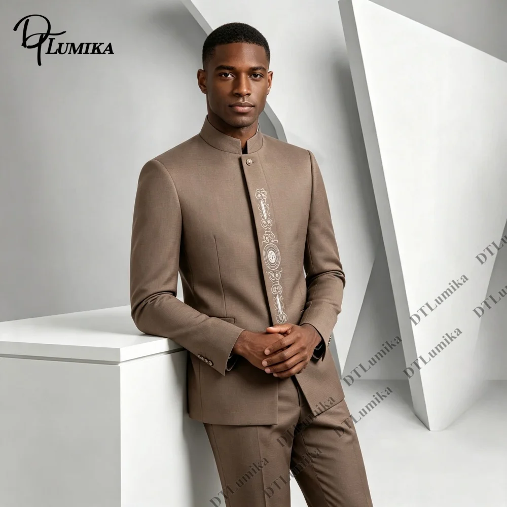 Vintage Men's 2 Piece Suit Set Mandarin Collar Vertical Embroidery Blazer Trousers Luxury Formal Suit Wedding Prom Party Tuxedo