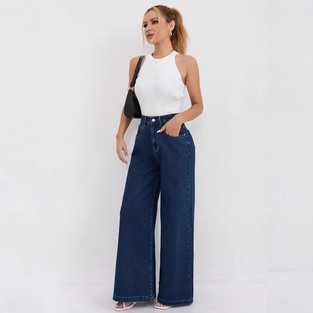 Women Wide Leg Pants Washed Streetwear Loose Pockets Denim Pant Solid Simple Trousers Floor Length Lady Jeans Autumn spring