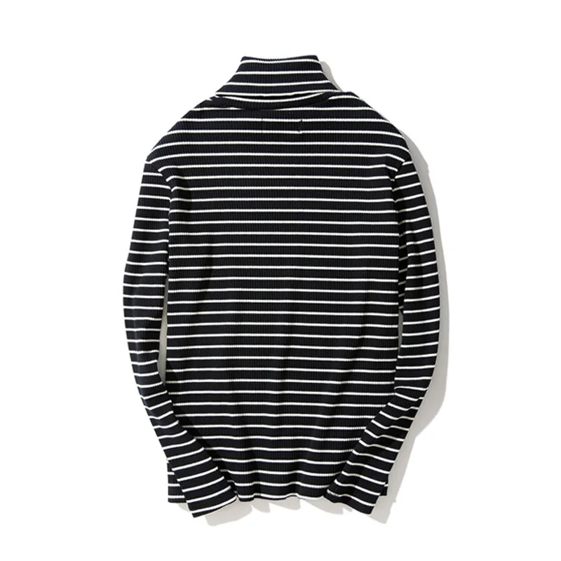 Spring Men\'s Retro Striped Turtleneck T-shirts Long Sleeve Loose Pullover T-shirt Base Tee Tops Man Clothing