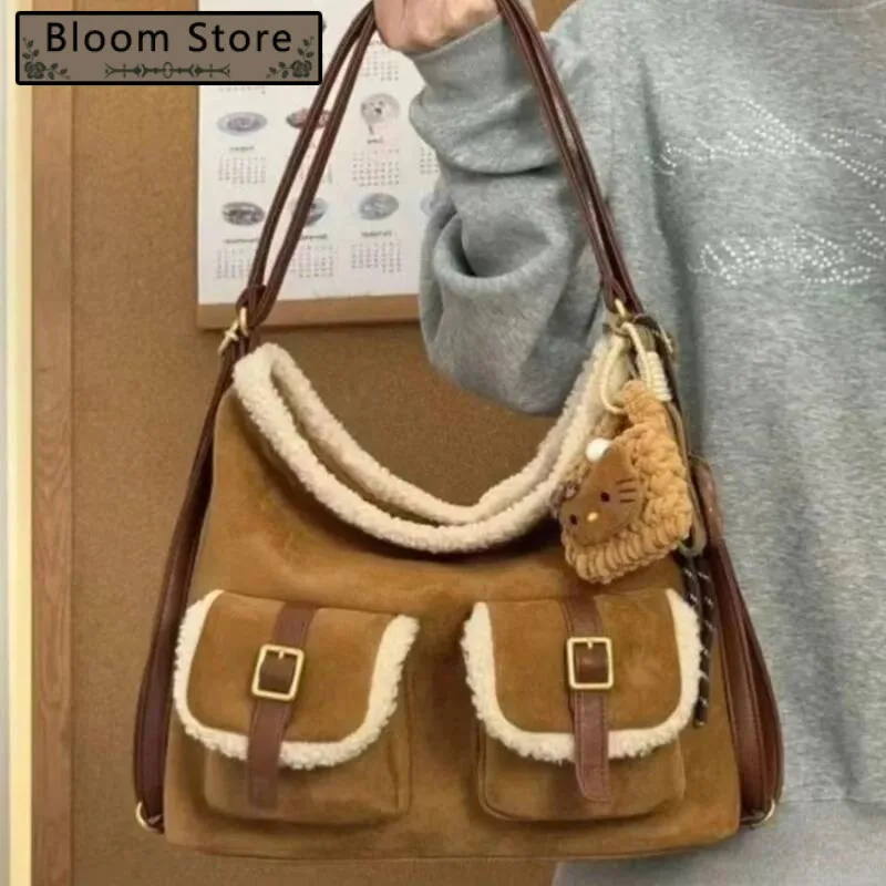 

Retro Faux Suede Brown Tote Bag Women Fuzzy Trim Large Capacity Shoulder Bags Ladies Stain Resistant Multi Functional Backpack