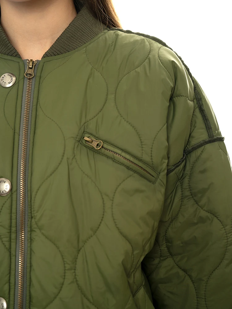 FANAN Green Thick Warm Cotton Coats Women's Round Neck Single Breasted Vintage Streetwear Loose Jackets Female Parka Winter New