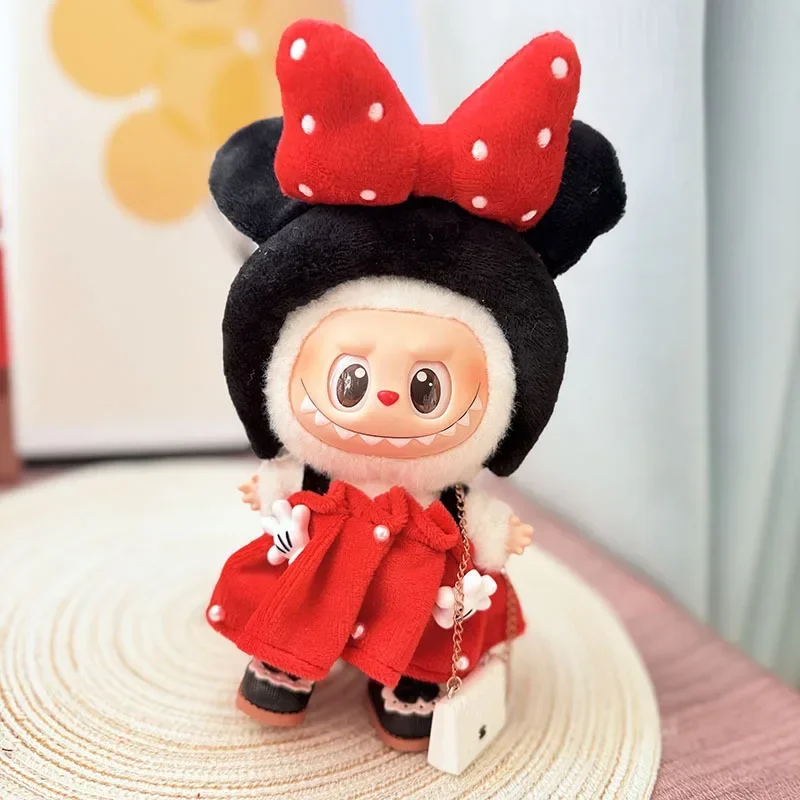 

(Только одежда) 17cmlabubu платье в горошек, комплект аксессуаров, комбинезон с Микки Маусом, шляпа с бантом, милый мини-плюшевый костюм куклы