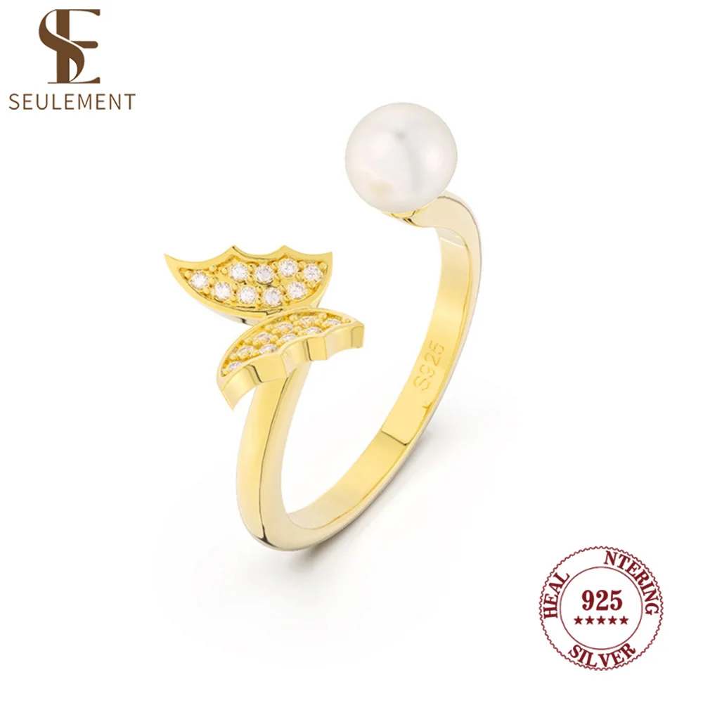 

Seulement Natural Freshwater Pearls Ring Sterling Silver 925 Butterfly Rings for Women Engagement Jewelry Accessories