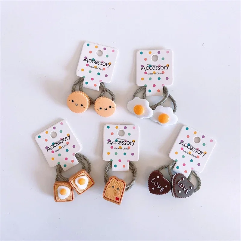 2pcs Cute Baby Hair Bands Cartoon Egg Toast Mini Elastic Hair Ring Rope for Little Girls Baby Hair Small Kids Accessoires