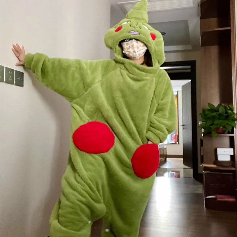 

Winter Kigurumi Onesie Cute and Funny Green Cartoon Animal One-piece Pajamas Flannel Jumpsuit Fashion Women Couple Nightwear Men