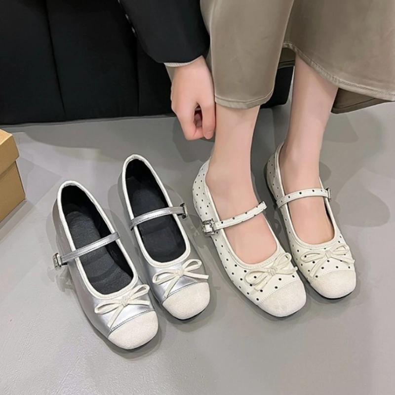 

Vintage Butterfly-knot Women Mary Jane Shoes Concise Internal Elevation Shoes Spring Ladies Elegant Dot Dress Ballet Shoes