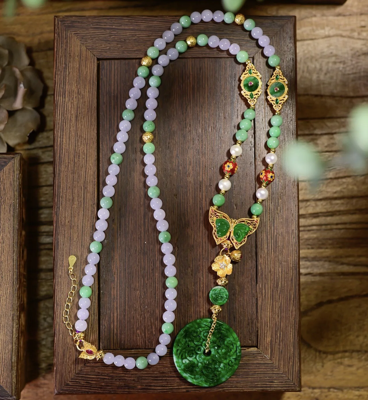 A-Grade Natural Lavender Jade Necklace, Carved Peace Buckle Pendant, Freshwater Pearl, 925 Silver Chinese Gemstone Gift