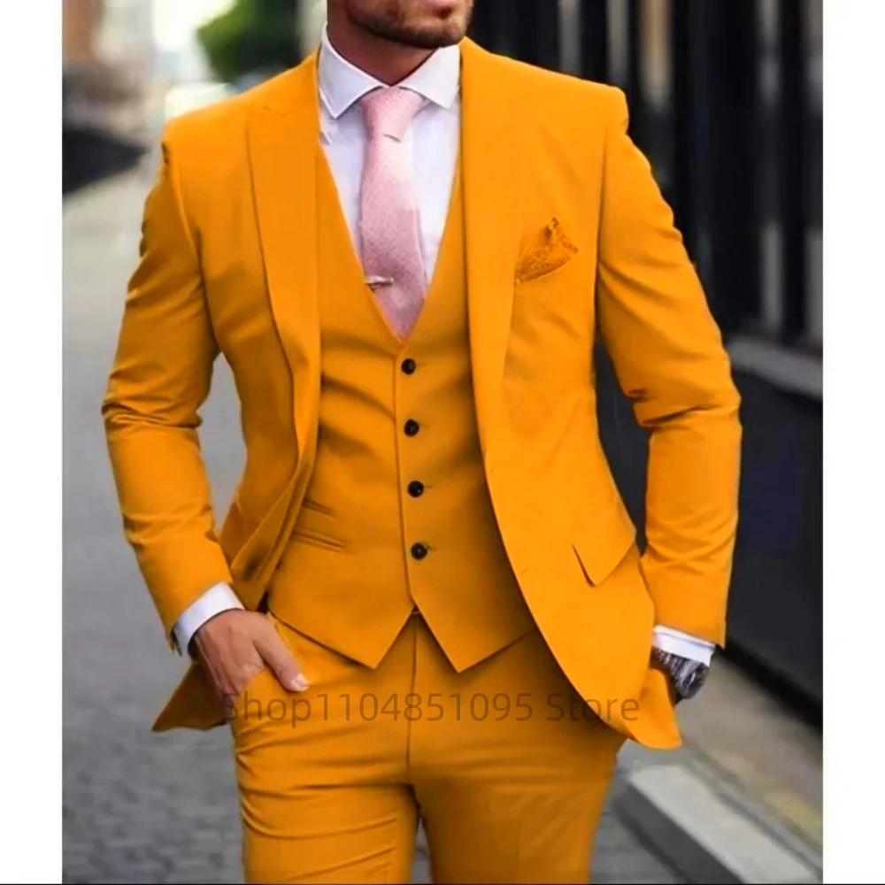 

Formal Orange Mens 3 Piece Suit Slim Fit Notch Lapel Blazer Groomsmen Tuxedos Wedding Business Prom Jacket Vest Pants for Men