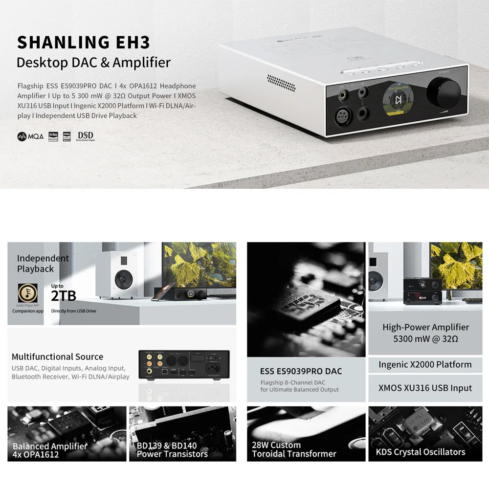 SHANLING EH3 ES9039SPRO Desktop DAC AMP Streamer 4* OPA1612 chip Headphone amplifier Hi-Res Audio Decoder DSD512 768Khz XLR HDMI