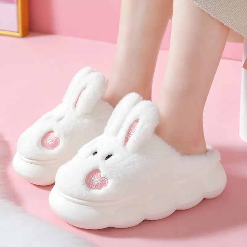 White Rabbit Ear Fluffy Slippers Women Winter Shoes Ladies Platform High Heel Slipper Girls Height Increasing Indoor Furry Shoes